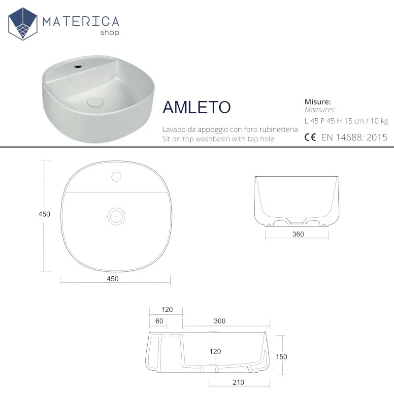 Amleto - Lavabo da appoggio con foro per miscelatore 45x45 cm - Image 4