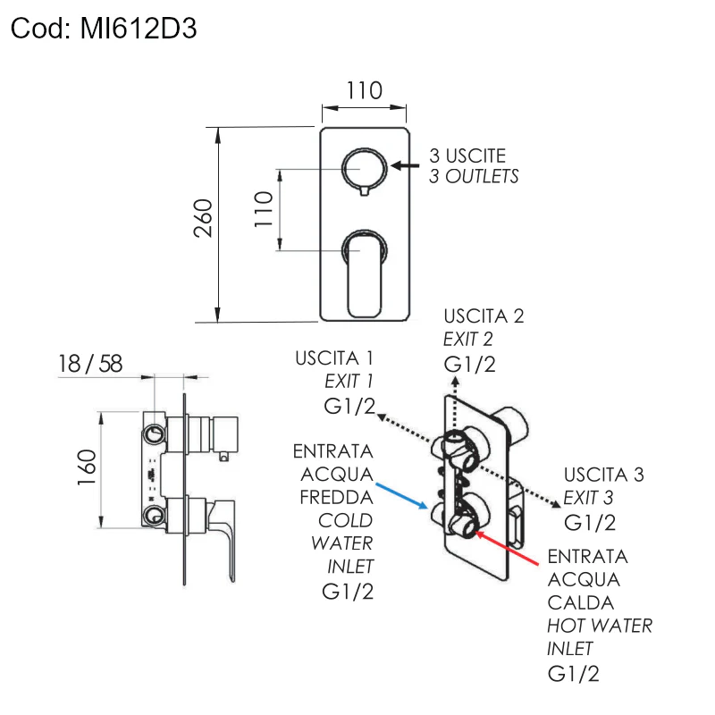 Minerva - Miscelatore doccia con deviatore meccanico a 3 uscite - Image 17