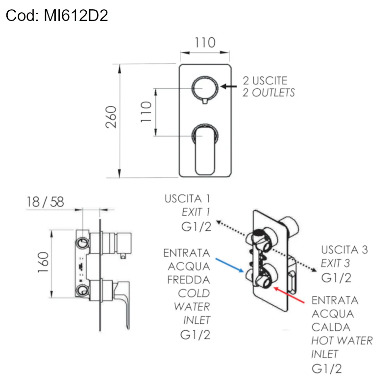 Minerva - Miscelatore doccia con deviatore meccanico a 2 uscite - Image 17