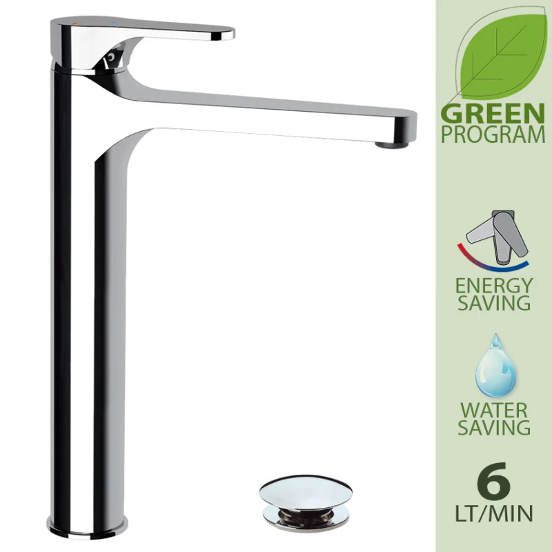 Omega Green - Miscelatore per lavabo alto con scarico a risparmio idrico