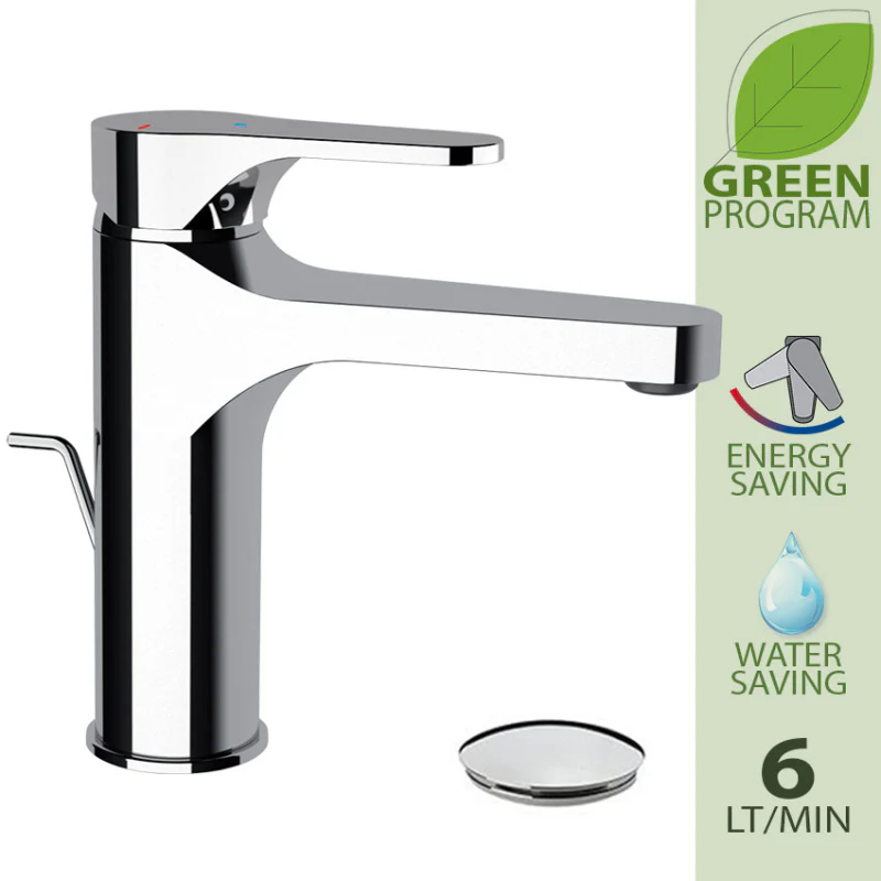 Omega Green - Miscelatore per lavabo medio con scarico a risparmio idrico