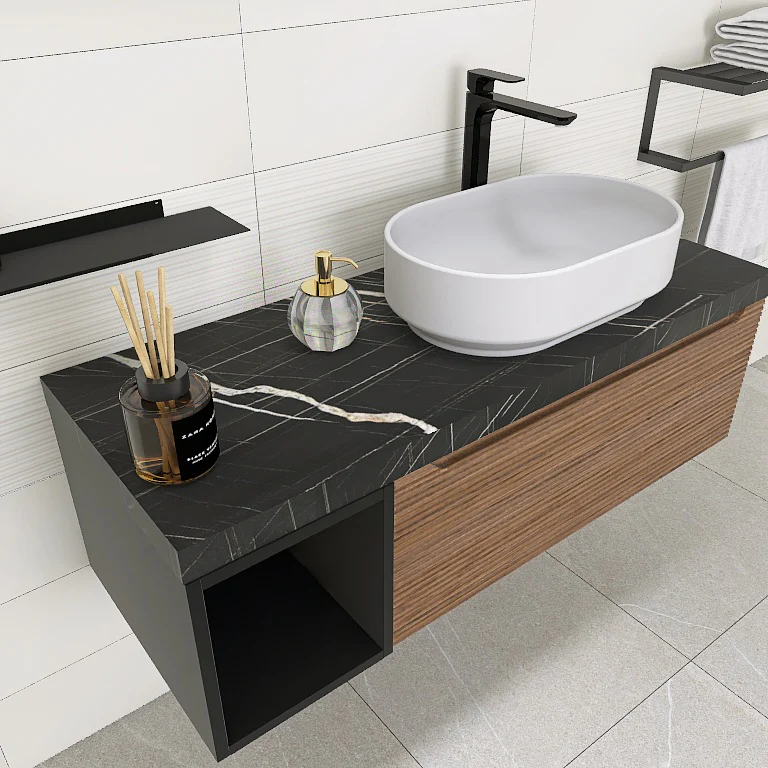 Penelope 02 - Mobile da Bagno Sospeso con Top Nero Marquinia e lavabo in appoggio