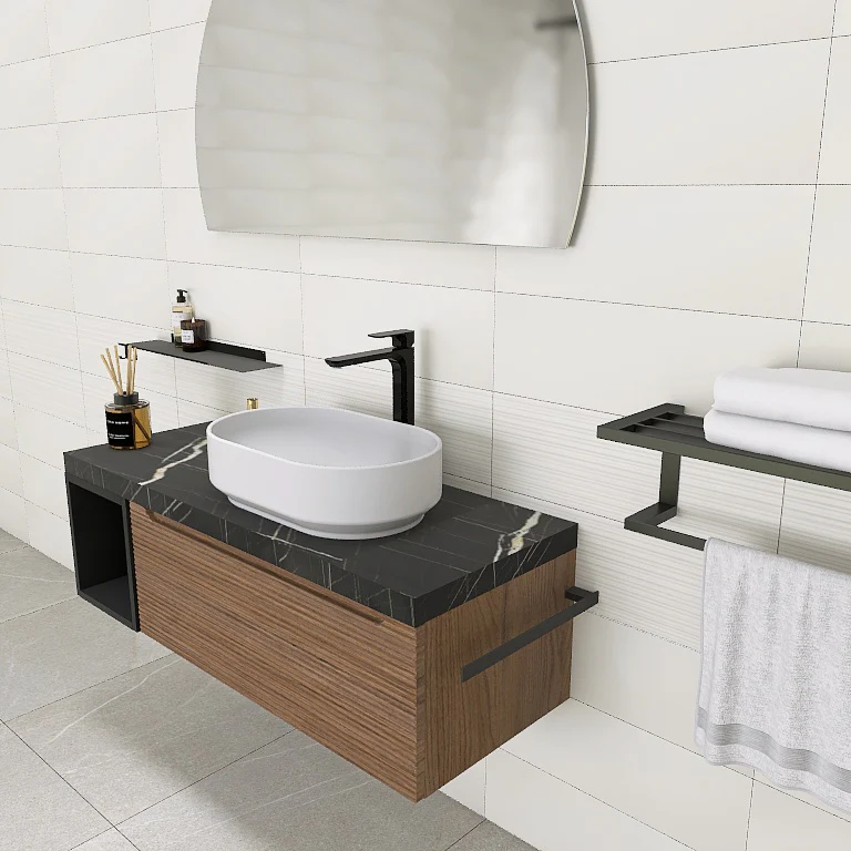 Penelope 02 - Mobile da Bagno Sospeso con Top Nero Marquinia e lavabo in appoggio - Image 10