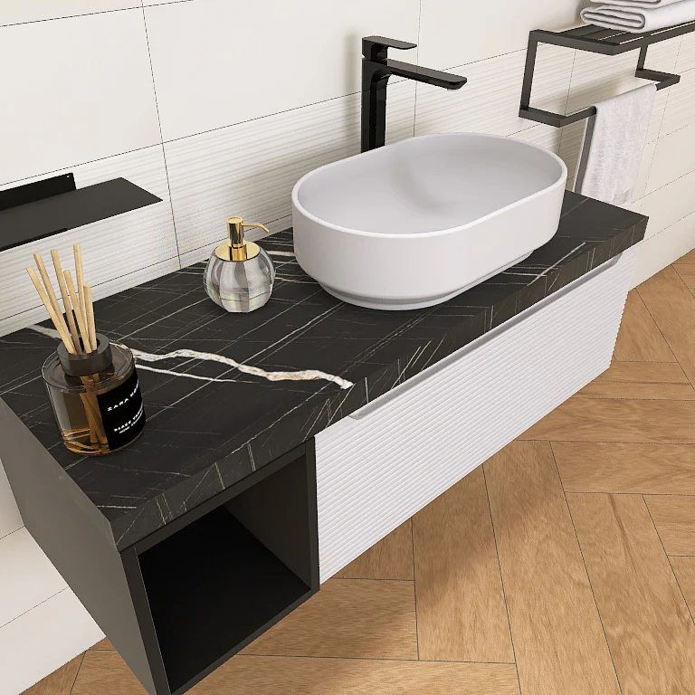 Penelope 02 - Mobile da Bagno Sospeso con Top Nero Marquinia e lavabo in appoggio - Image 11