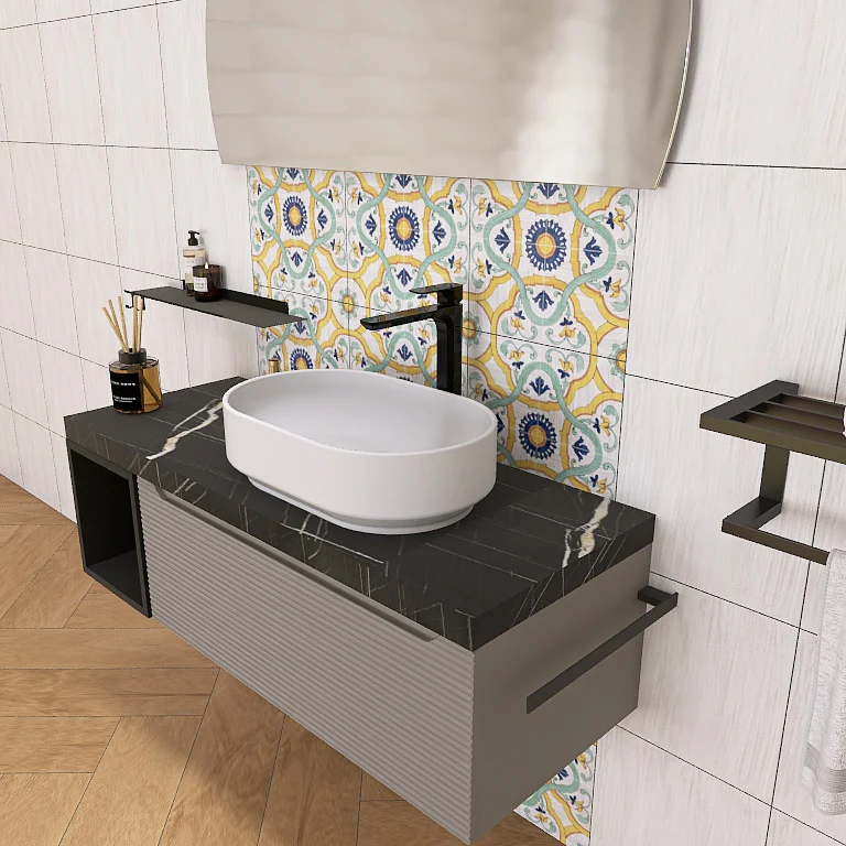 Penelope 02 - Mobile da Bagno Sospeso con Top Nero Marquinia e lavabo in appoggio - Image 5