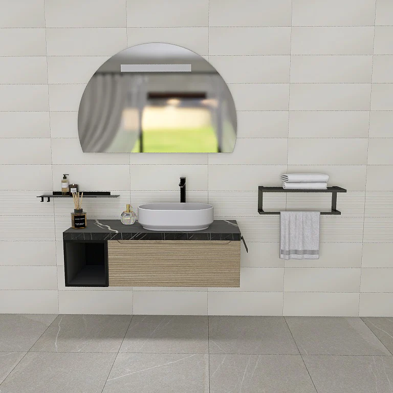 Penelope 02 - Mobile da Bagno Sospeso con Top Nero Marquinia e lavabo in appoggio - Image 6