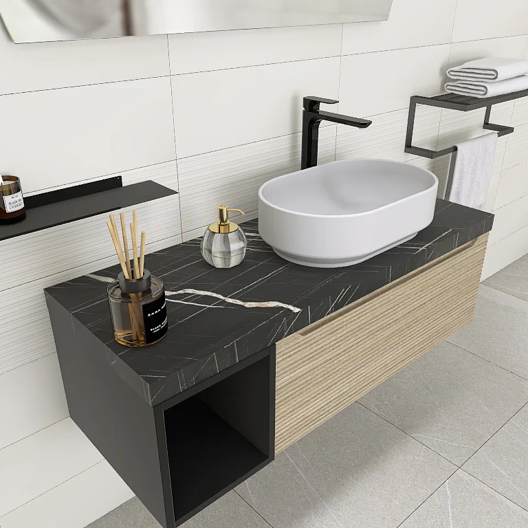 Penelope 02 - Mobile da Bagno Sospeso con Top Nero Marquinia e lavabo in appoggio - Image 8
