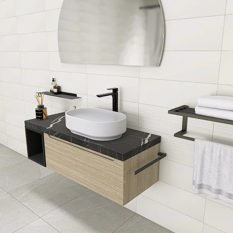 Penelope 02 - Mobile da Bagno Sospeso con Top Nero Marquinia e lavabo in appoggio - Image 9