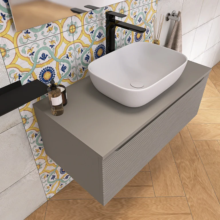 Penelope 03 - Mobile da Bagno Sospeso con top in tinta e lavabo in appoggio