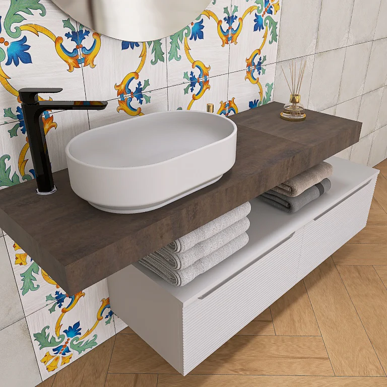 Penelope 04 - Mobile da Bagno Sospeso con mensolone ossidato