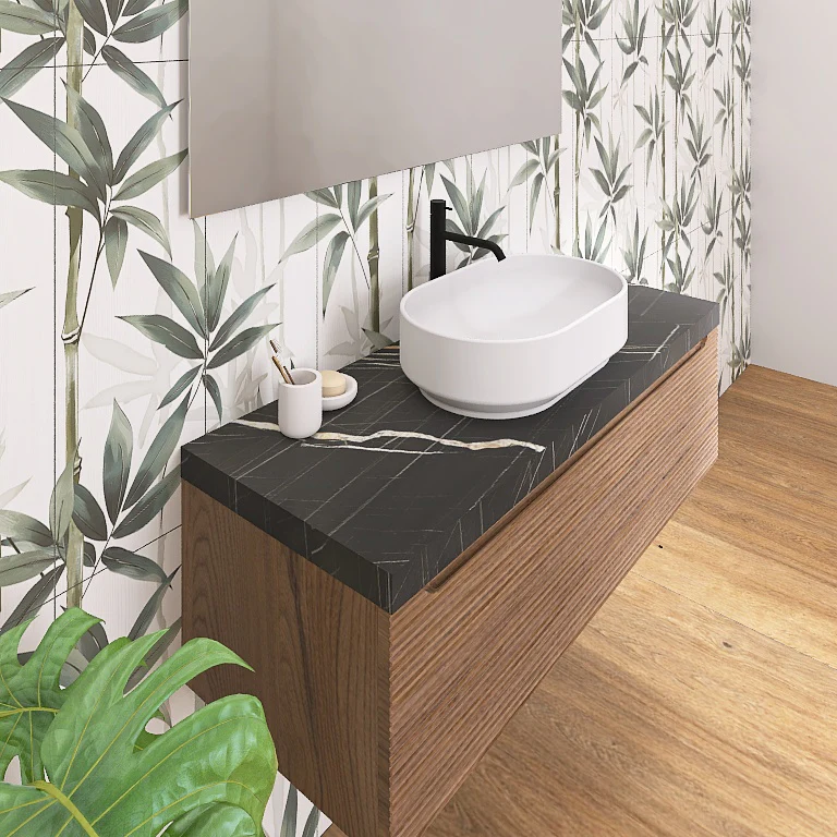 Penelope 08 - Mobile da Bagno Sospeso con Top in Finitura Nero Marquinia - Image 3
