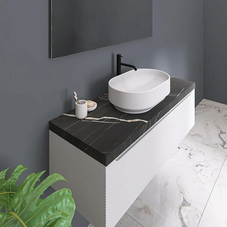 Penelope 08 - Mobile da Bagno Sospeso con Top in Finitura Nero Marquinia - Image 5