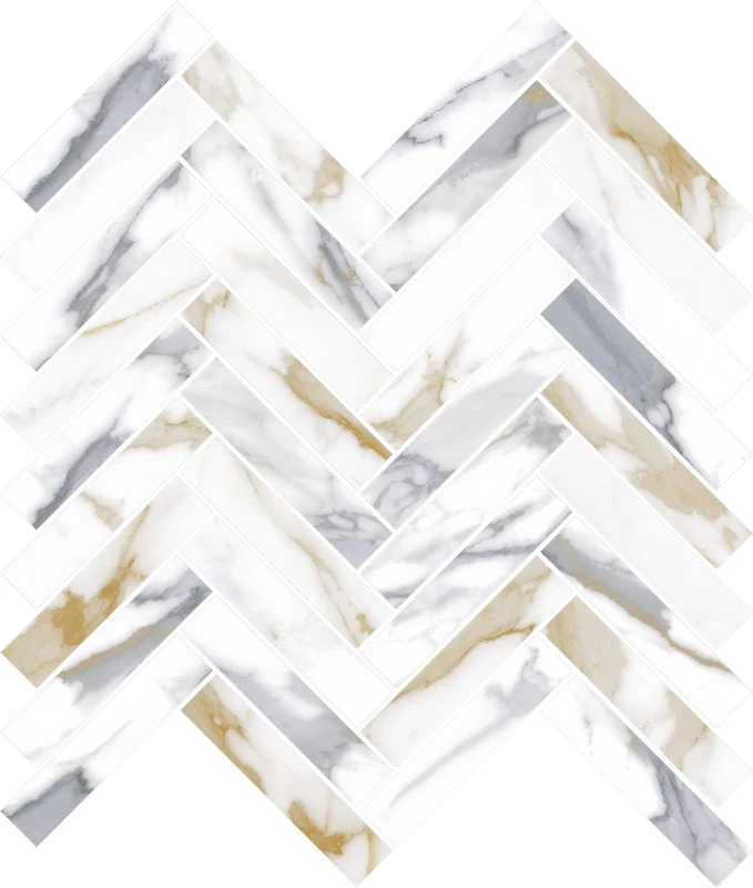 Prestige Herring Bones Calacatta Gold Mix - Mosaico Spina di pesce su rete effetto marmo - Image 2