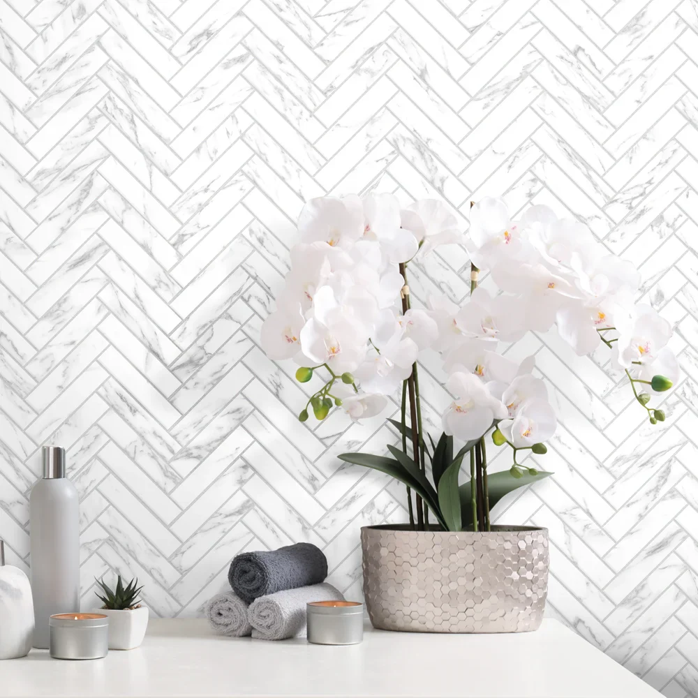 Prestige Herring Bones Carrara - Mosaico Spina di pesce su rete effetto marmo