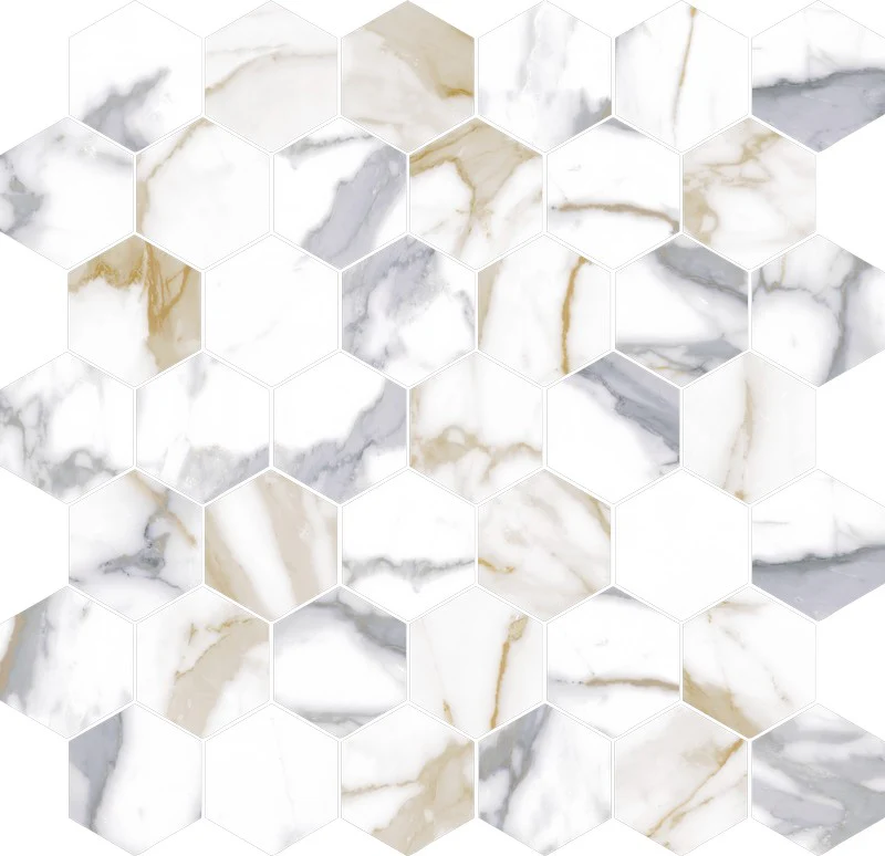 Prestige Hexa Calacatta Gold Mix - Mosaico Esagonale su rete effetto marmo - Image 2
