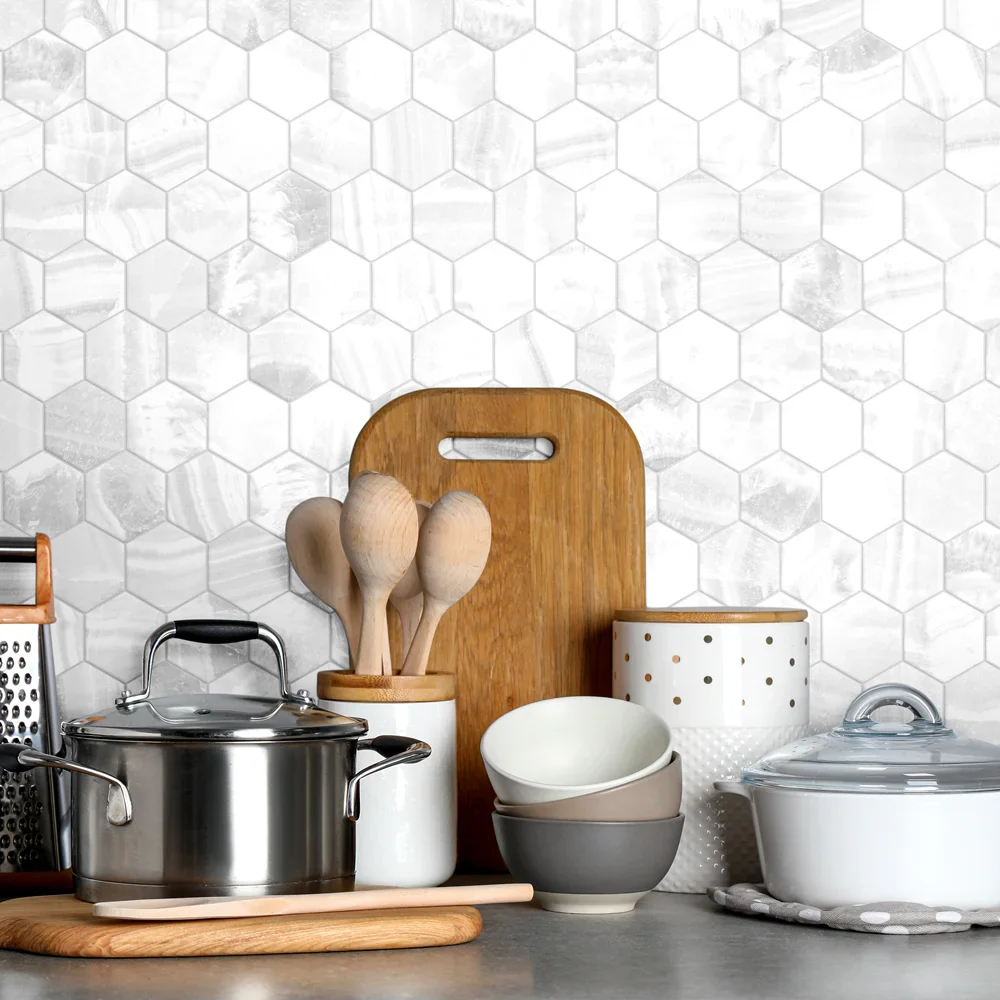 Prestige Hexa Onix White - Mosaico Esagonale su rete effetto marmo