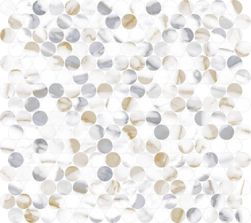 Prestige Penny Round Calacatta Gold Mix - Mosaico Bottoncino su rete effetto marmo - Image 2