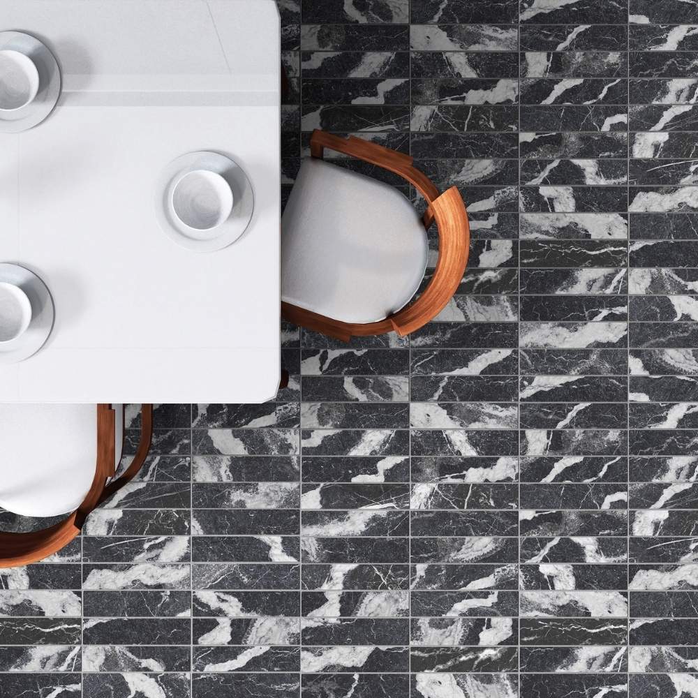 Puro Brick Nero Marquinia 6x25 - Gres Effetto Marmo Mattoncino Opaco