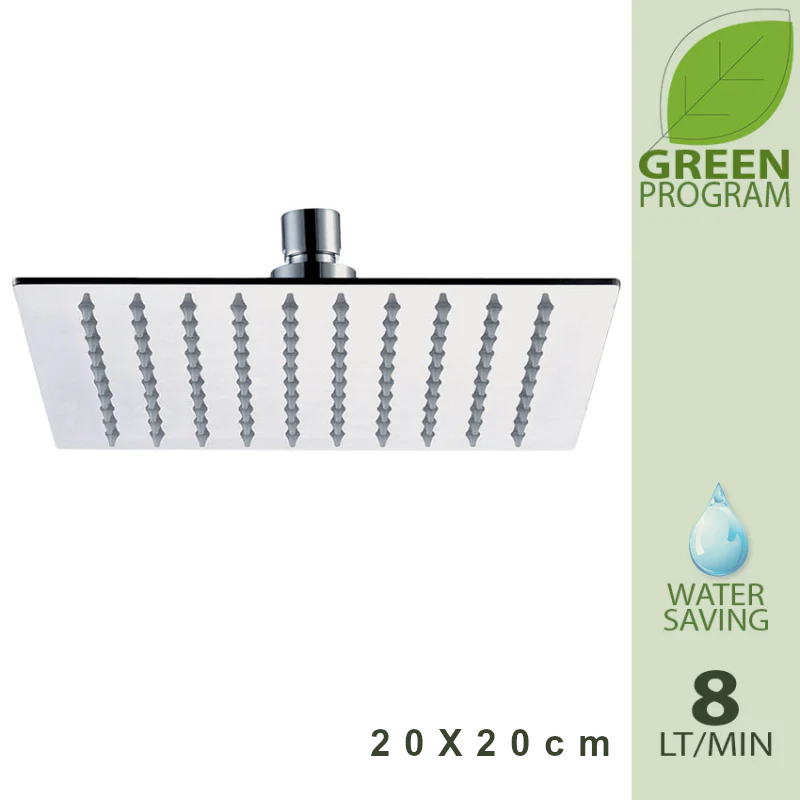 Soffione 20x20 quadrato con limitatore di portata a 8 litri/ minuto