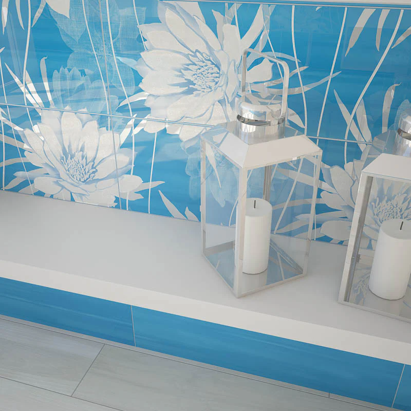 Studio Ninfee Blu - Rivestimento Decorato Floreale Lucido 25x75