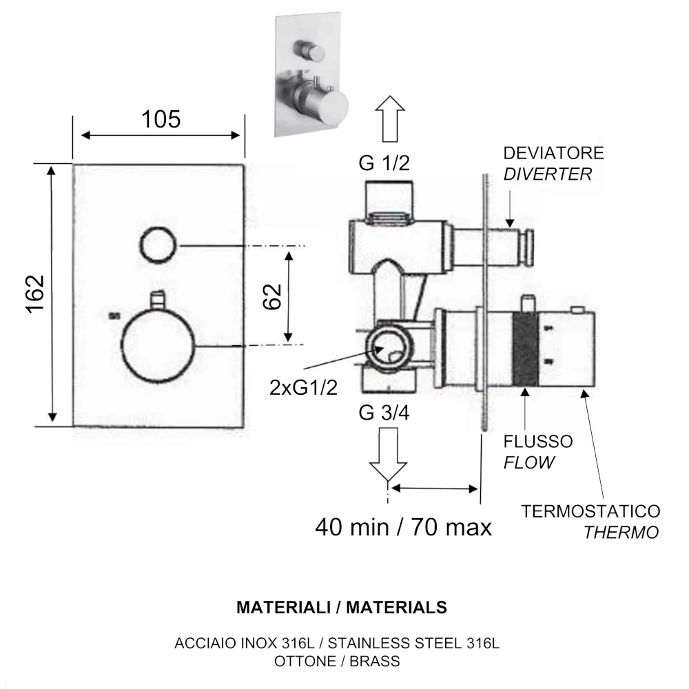 Tokyo Steel - Miscelatore doccia termostatico con deviatore - Image 2